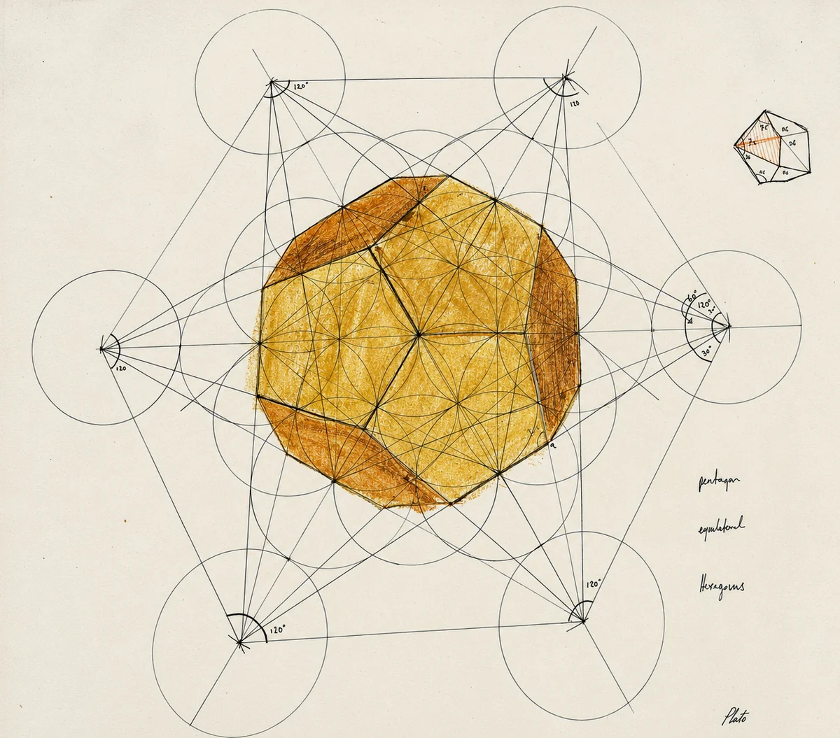 A dodecahedron drawn in ink and crayon on paper, over its geometric construction