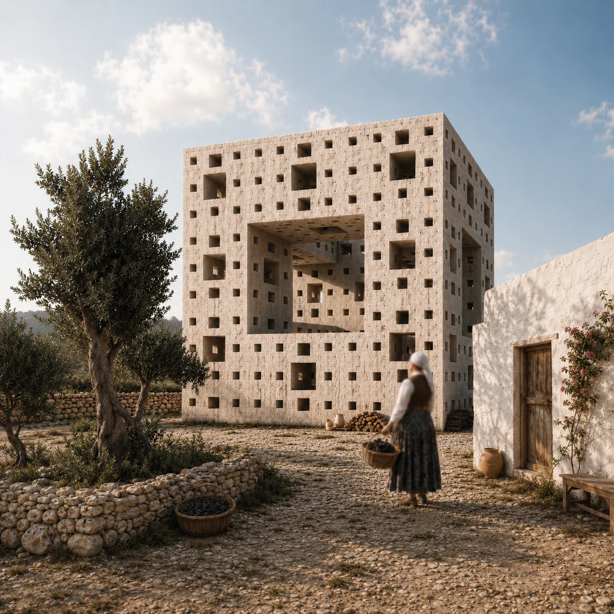 Conceptual rammed-earth Sierpinski cube on the Ibiza coast